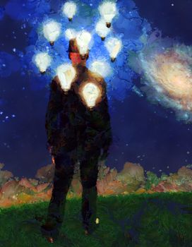 Surreal painting. Man in suit stands in field. Light bulbs around his head represents ideas. 3D rendering