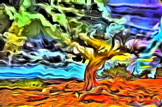 Abstract painting. Old tree stands on a rocky ground. 3D rendering