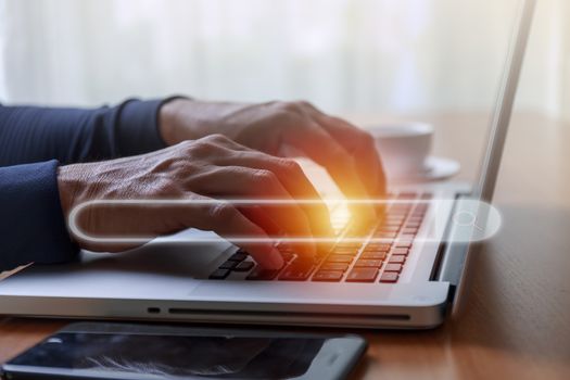 Internet and Technology concept. Hands man useing laptop search engine optimization. man hands using  computer notebook to Searching for information with search console background.
