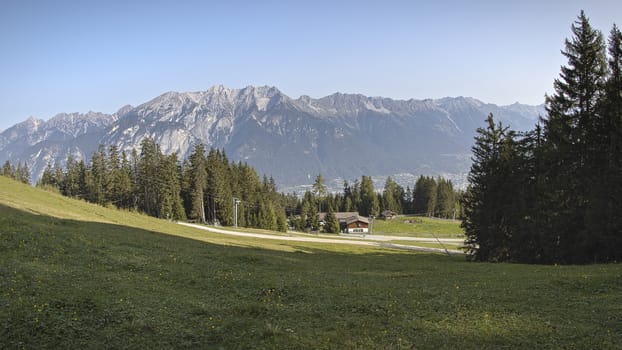 Sunny summer day with blue skies in Muttereralm, one of the mountains of the Austrian alps.