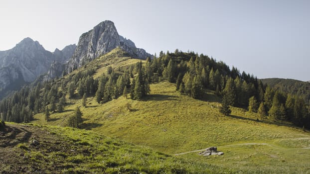 Sunny summer day with blue skies in Muttereralm, one of the mountains of the Austrian alps.