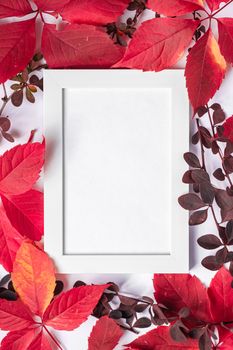 White empty picture frame mock up with red and orange autumn leaves on white background, flat lay