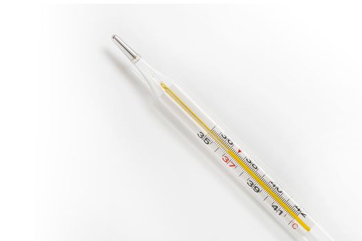 Mercury thermometer. The normal temperature of a healthy person is 36.6