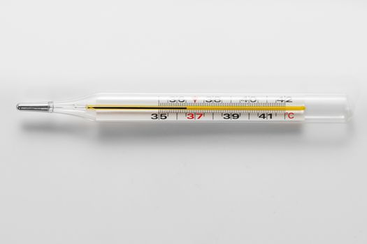 Mercury thermometer. The normal temperature of a healthy person is 36.6