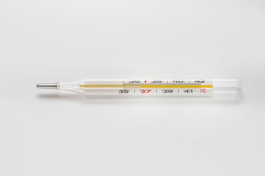 Mercury thermometer. The normal temperature of a healthy person is 36.6