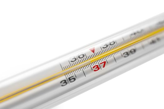 A mercury thermometer shows a normal human temperature - 36.6