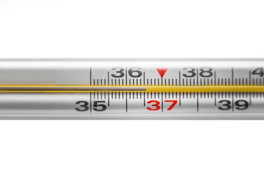 A mercury thermometer shows a normal human temperature - 36.6