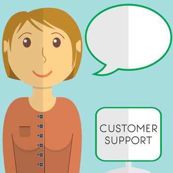 Flat design modern vector illustration concept of customer support manager with speach bubble, on color background.