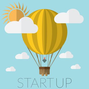 Flat design modern vector illustration of a hot air balloon concept for new business project startup, launching new innovation product, creative start on market.