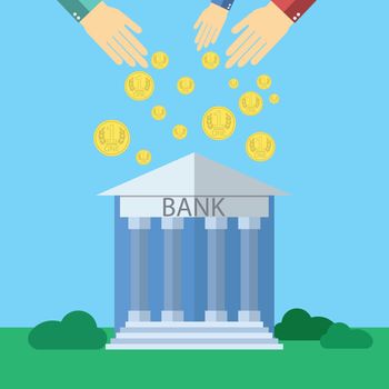 Flat design modern vector illustration concept for Bank with human hands dropping money, on color background.