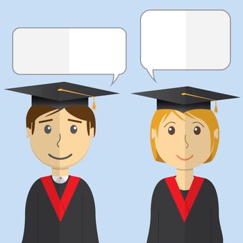 Flat design modern vector illustration of students in graduation gowns on color background.