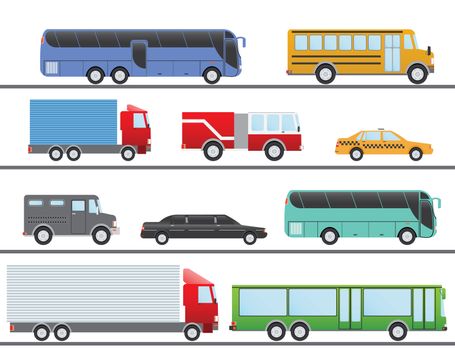 Flat design vector illustration city Transportation Flat Icons. Trucks, Bus, taxi, limo, fire truck, and school bus.