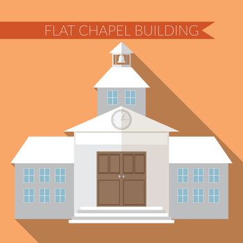Flat design modern vector illustration of chapel or wedding church building icon, with long shadow on color background.