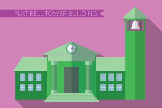Flat design modern vector illustration of building with bell tower icon, with long shadow on color background.