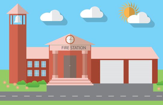 Flat design vector illustration of fire station building in flat design style, vector illustration.