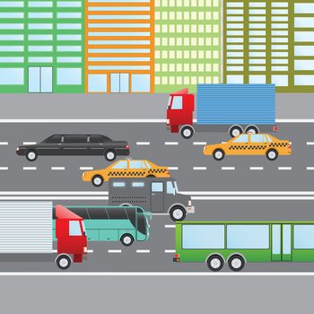 Flat design vector illustration of city traffic, Transportation Flat Icons. Trucks, Bus, taxi, limo, bank truck.