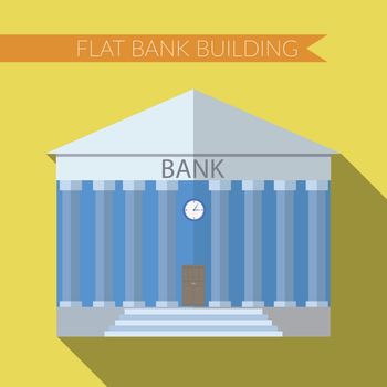 Flat design modern vector illustration of bank building icon, with long shadow on color background.