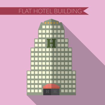 Flat design modern vector illustration of hotel building icon, with long shadow on color background.