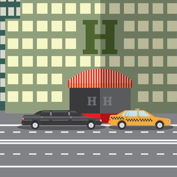 Flat design vector illustration concept for City Hotel and parked taxi and limousine, sityskape.