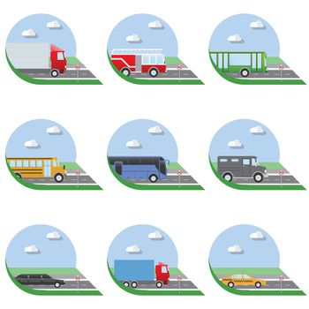 Flat design vector illustration city Transportation Flat Icons. Trucks, Bus, taxi, limo, fire truck, and school bus.