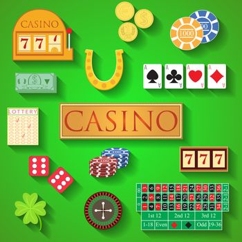 Casino elements Flat design modern vector illustration of casino items, gambling chips, poker cards, roulette, money, dice, ace, coin, cash, horseshoe, bandit, clover, lottery icons with long shadow.