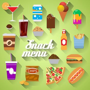Snack Menu Flat design modern vector illustration of food, drink, coffee, hamburger, pizza, beer, cocktail, fastfood, cola, ice cream, potato chips, candy icons with long shadow.