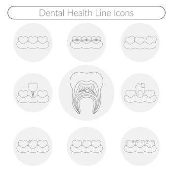 Dental care vector line icons of heathy theeth, caries, braces system, implantation, and other dental health icons set.