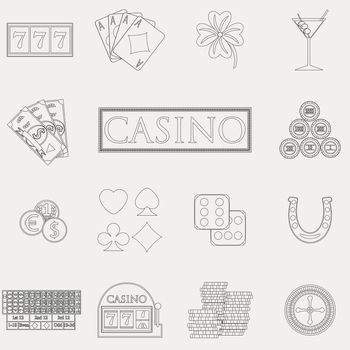 Casino and gambling line icons set with slot machine and roulette, chips, poker cards, money, dice, coins, horseshoe flat design vector illustration 