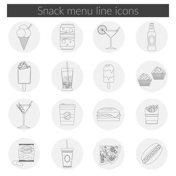 Snack Menu line icons set vector illustration of food, drink, coffee, hamburger, pizza, beer, cocktail, fastfood, cola, ice cream, potato chips, candy icons with long shadow.