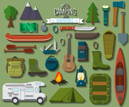Flat design modern vector illustration of camping and hiking equipment set. Travel and vacation items, car rubber boat and shoes, tent, knife and axe, backpack and hiking shoes, campfire and guitar.