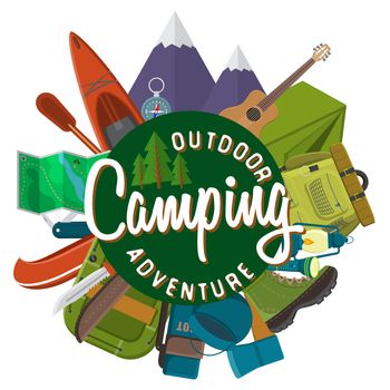 Flat design modern vector illustration of camping and hiking equipment set. Travel and vacation items, car rubber boat and shoes, tent, knife and axe, backpack and hiking shoes, campfire and guitar.