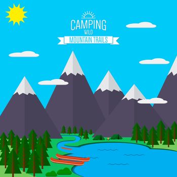 Mountains with forest and lake landscape flat vector illustration, for camping and hiking, Extreme sports, outdoor adventure, with recreation place, tents and fire.