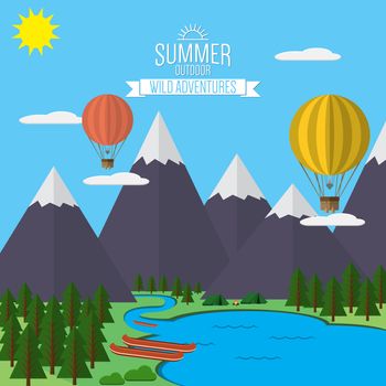 Mountains with forest and river trail landscape flat vector illustration, for camping and hiking, Extreme sports, rafting and hot air baloons outdoor adventure, with recreation place, tents and fire.