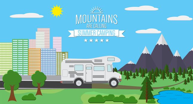 City and Mountains with forest and lake landscape flat vector illustration, concept for holiday and vacation, camping and hiking, outdoor adventure, with RV.