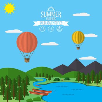 Mountains with forest and river trail landscape flat vector illustration, for camping and hiking, Extreme sports, rafting and hot air baloons outdoor adventure, with recreation place, tents and fire.