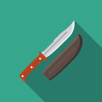 Flat design modern vector illustration of hunting knife icon, camping and hiking equipment with long shadow.