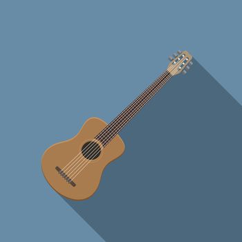 Flat design modern vector illustration of acoustic guitar icon, music instrument with long shadow.