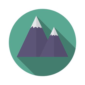 Flat design modern vector illustration of snow caped mountain icon, with long shadow.