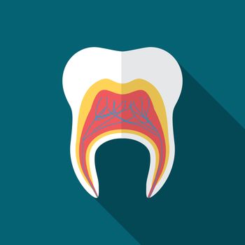 Flat design modern vector illustration of tooth icon with long shadow.