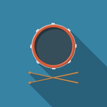 Flat design vector drum and drum sticks icon with long shadow.
