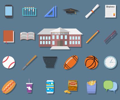 Back to School Flat design modern vector illustration, school building, pen, pensil, food, sport items, diploma and graduation cap icons.