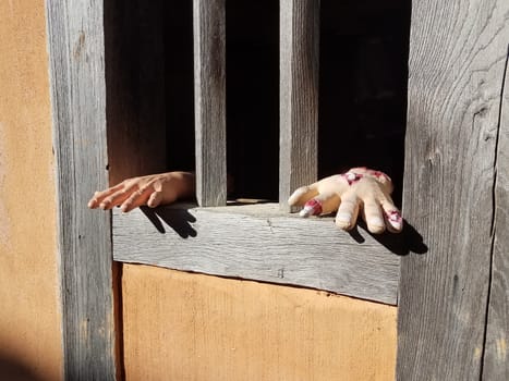 bloody hands with bones and window Halloween decorations