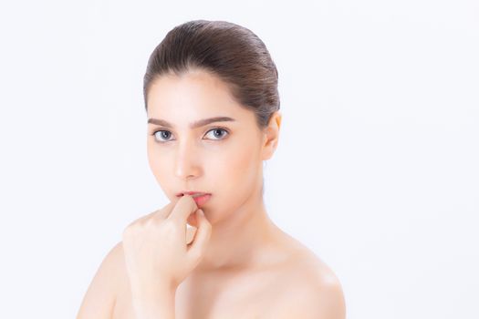 Portrait of beautiful brunette woman makeup of cosmetic, girl hand touch cheek and smile attractive, face of beauty perfect with wellness isolated on white background with skin healthcare concept.