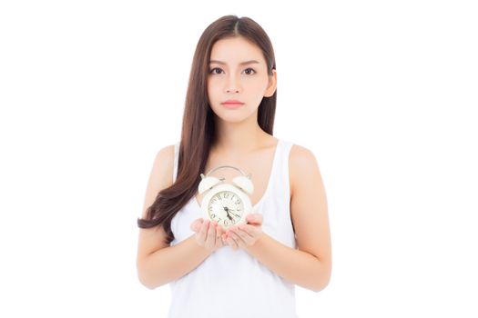 Beautiful asian young woman holding alarm clock, Portrait of woman with wake up, girl with isolated on white background, time with deadline concept.