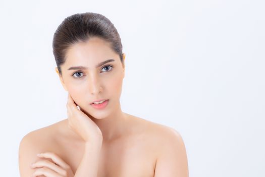 Portrait of beautiful brunette woman makeup of cosmetic, girl hand touch cheek and smile attractive, face of beauty perfect with wellness isolated on white background with skin healthcare concept.