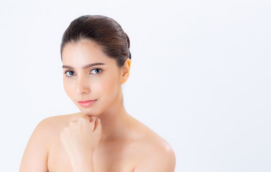 Portrait of beautiful brunette woman makeup of cosmetic, girl hand touch chin and smile attractive, face of beauty perfect with wellness isolated on white background with skin healthcare concept.