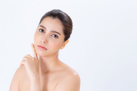 Portrait of beautiful brunette woman makeup of cosmetic, girl hand touch cheek and smile attractive, face of beauty perfect with wellness isolated on white background with skin healthcare concept.