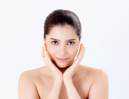 Portrait of beautiful brunette woman makeup of cosmetic, girl hand touch cheek and smile attractive, face of beauty perfect with wellness isolated on white background with skin healthcare concept.