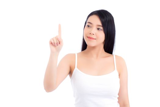 Portrait of beautiful asian woman makeup of cosmetic, beauty of girl with face smile and finger point something attractive isolated on white background, perfect with wellness and healthcare concept.