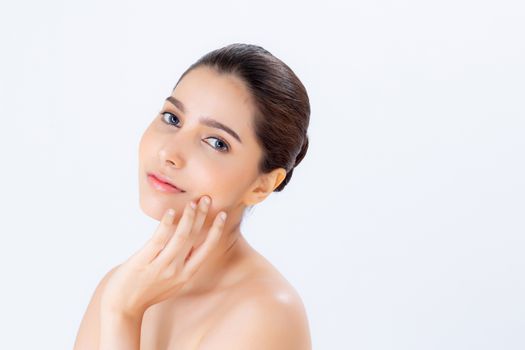 Portrait of beautiful brunette woman makeup of cosmetic, girl hand touch cheek and smile attractive, face of beauty perfect with wellness isolated on white background with skin healthcare concept.